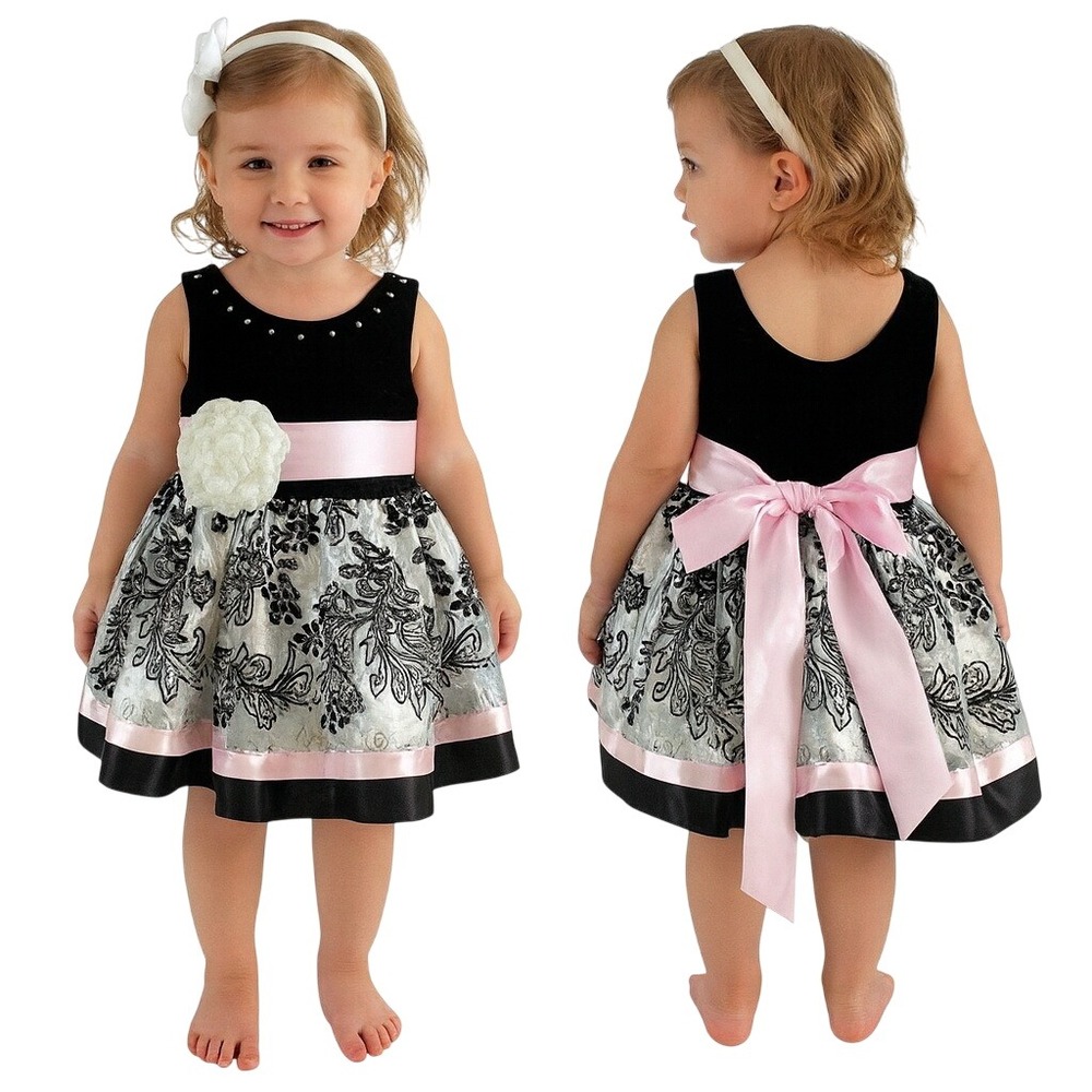 Weissman Girls Dress Black Pink Mixed Prints Sash TIes‎ Knee Length Floral XS